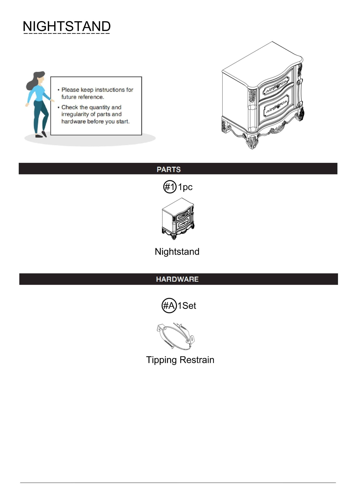 Pearl White Traditional 1pc Nightstand Only Solid wood 2-Drawers Round Knobs Bedside Table Genuine Marble Top on Night Stand Bedroom Furniture