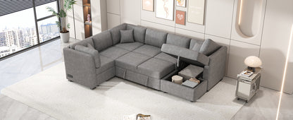 108.6" U-shaped Sectional Sofa Pull out Sofa Bed with Two USB Ports, Two Power Sockets, Three Back Pillows and a Storage Chaise for Living Room, Light Gray