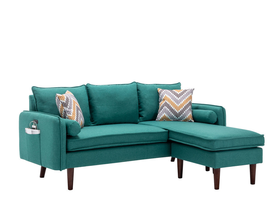 Mia 70" Green Sectional Sofa Chaise with USB Charger & Pillows