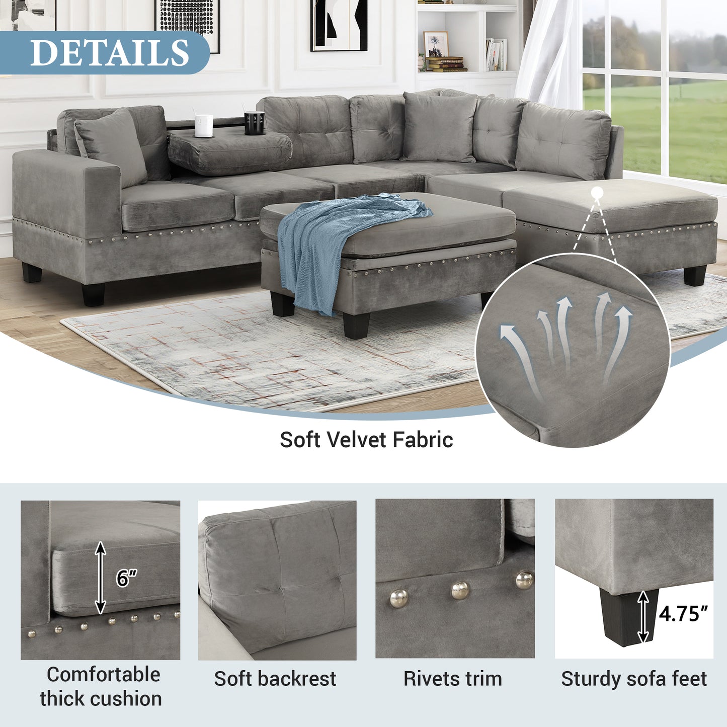 105" Modern Sectional Sofa with Storage Ottoman, L-Shape Couch with 2 Pillows and Cup Holder,Sectional Sofa with Reversible Chaise for Living Room,Gray