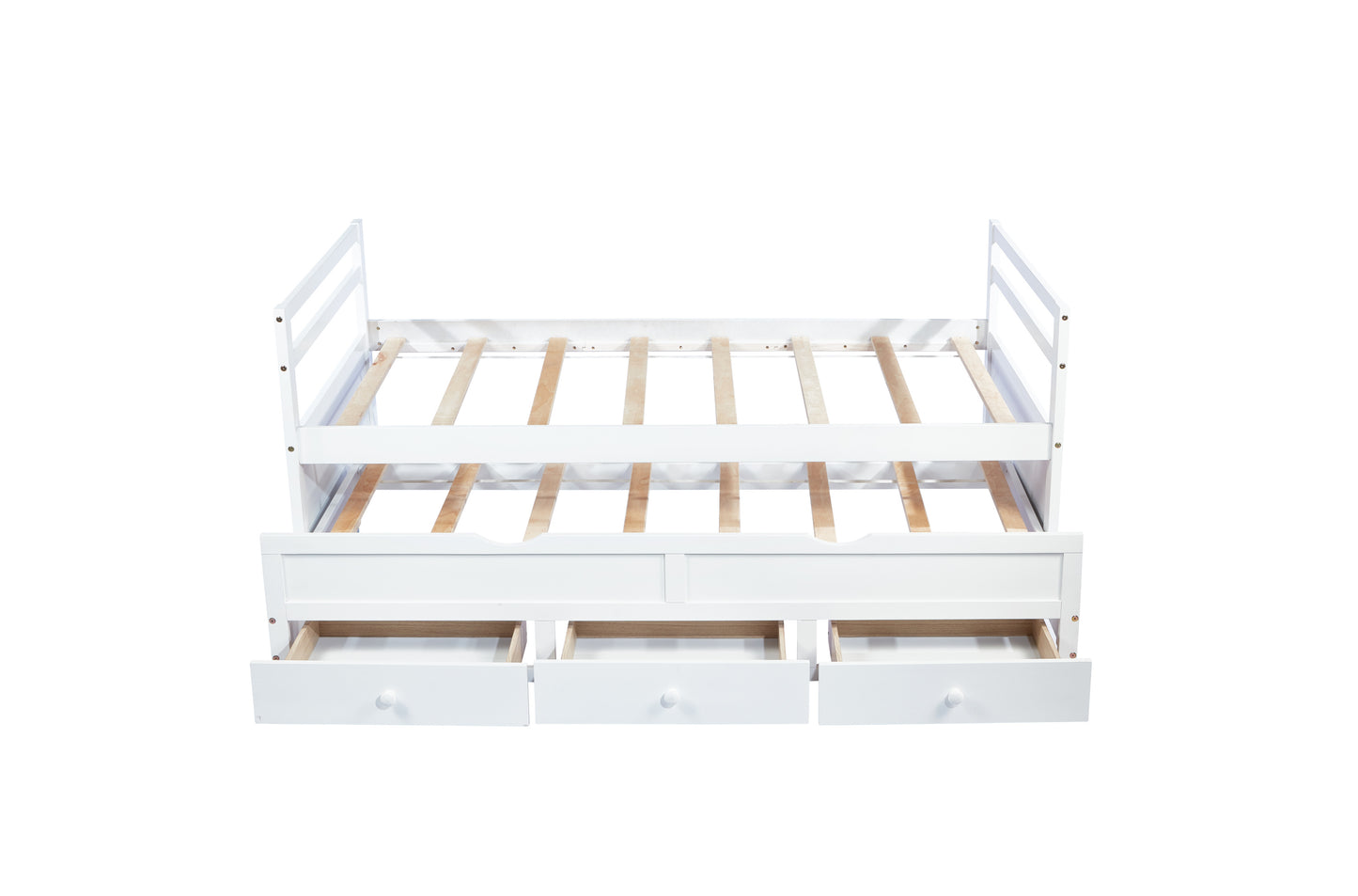 Twin Size Bed with Headboard, Footboard, Trundle and Three Storage Drawers, Twin Size Pine Wood Bed with Headboard, Footboard,White