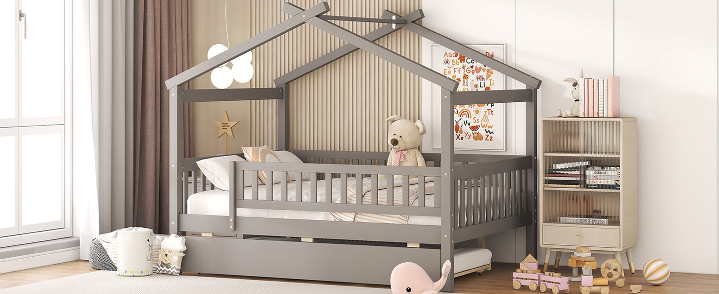 Full Size Wooden House Bed with Twin Size Trundle, Gray