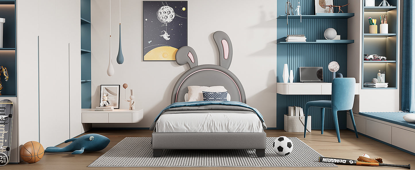 Twin Size Upholstered Leather Platform Bed with Rabbit Ornament, Gray