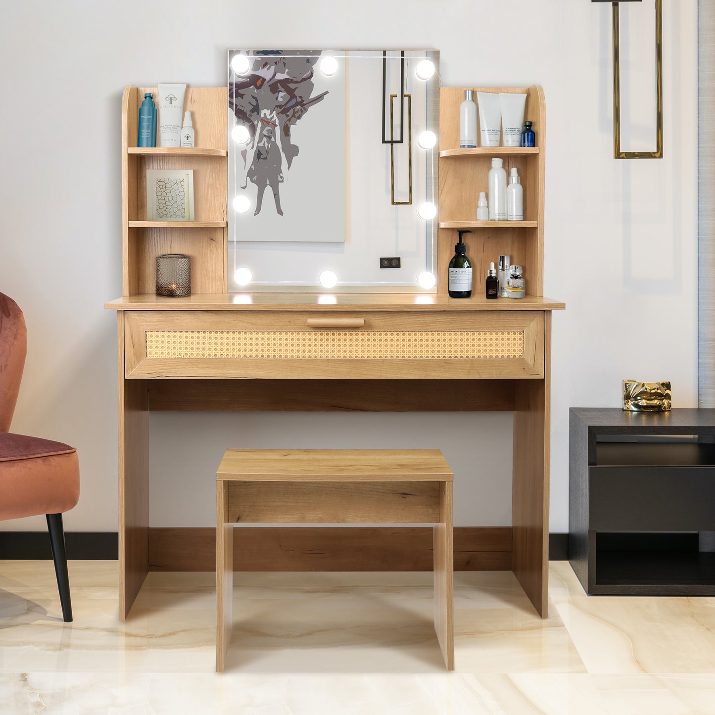 Vanity Desk Set Stool & Dressing Table with LED Lighting Mirror Drawer and Compartments Modern Wood Cosmetic Table Chest of Drawers Nature Color