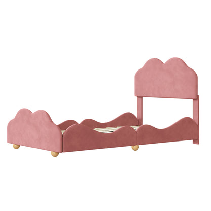 Twin Size Upholstered Platform Bed with Cloud Shaped bed board, Dark Pink