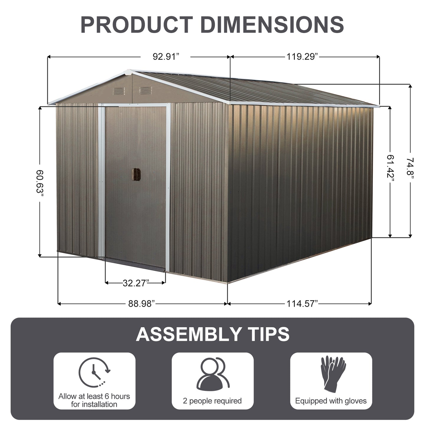 8x10ft Outdoor Metal Storage Shed with metal foundation Gray