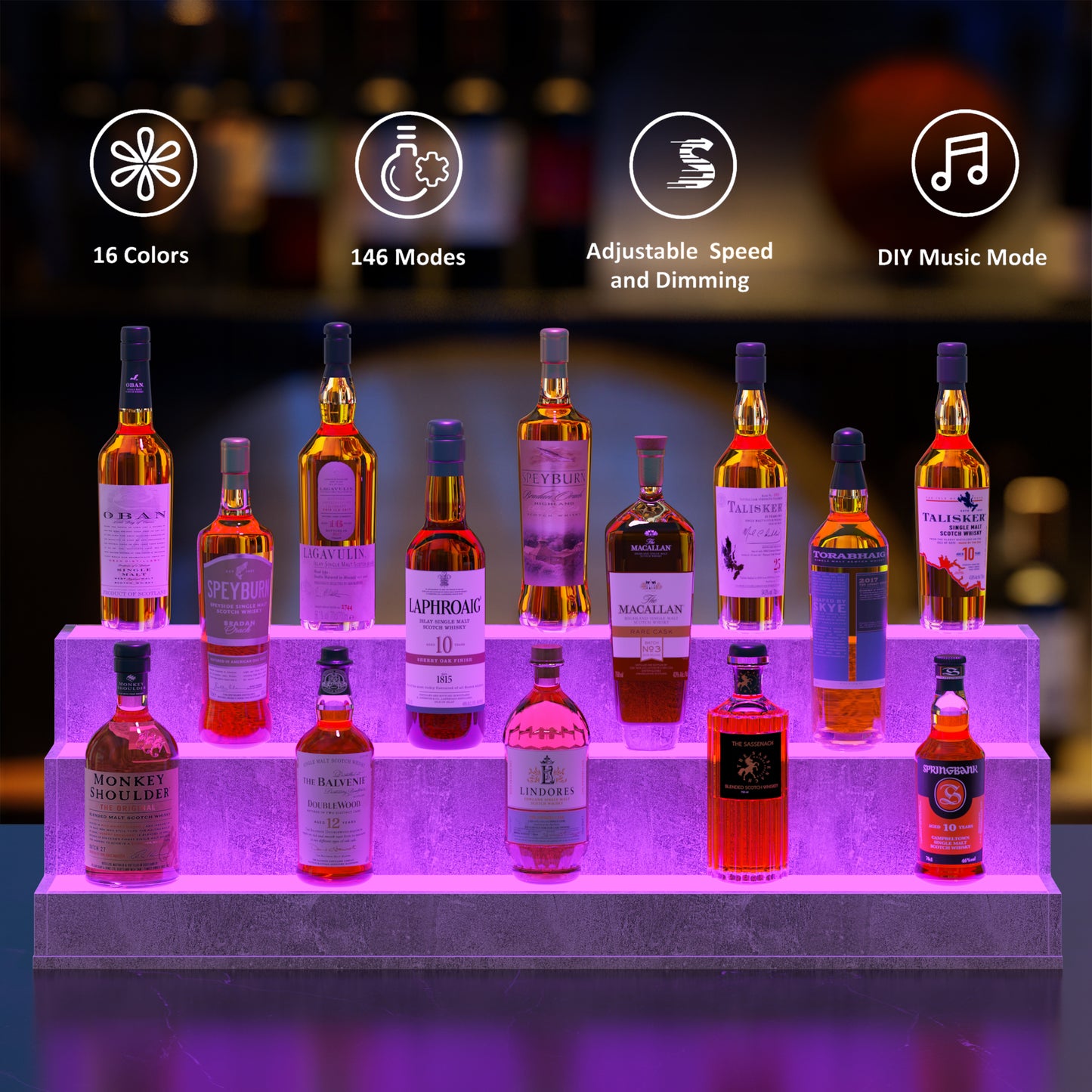 LED Lighted Liquor Bottle Display Shelf, 37 Inch Bar Display Shelf, DIY Illuminated Bottle Shelf with App & Remote Control, 3 Step Freestanding Holding Bottles for Home Bar, Party, Grey