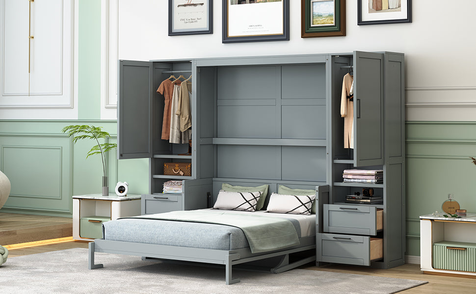 Queen Size Murphy Bed Wall Bed with Closet ,Drawers and Shelves,Gray