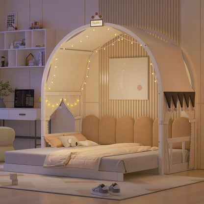 Twin Size Extended Bed With Arched Roof and Trundle, White