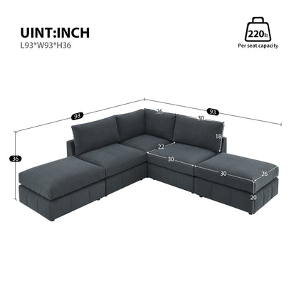 93"Modern Sectional Sofa with Vertical Stripes,5-Seat Armless Couch Set with Convertible Ottomans,Various Combinations,L-Shape Indoor Furniture for Living Room,Apartment, 2 Colors