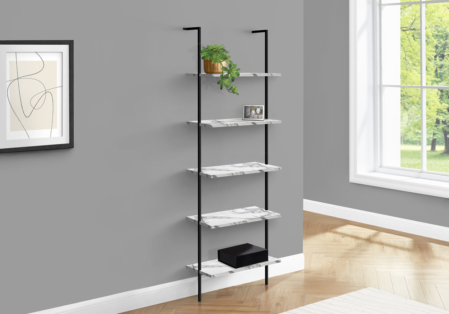 Bookshelf, Bookcase, Etagere, Ladder, 5 Tier, 72"h, Office, Bedroom, White Marble Look Laminate, Black Metal, Contemporary, Modern