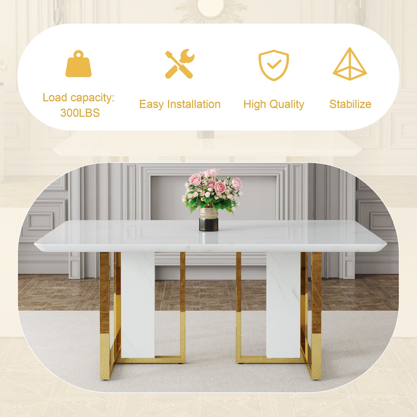 Table and chair set.67"x36" White marble pattern MDF Dining Table Set with 8 Dark Gray PU Chairs.MDF sticker,White marble pattern sticker,Gold C-tube chair legs,Suitable for kitchen,Dining room,etc.