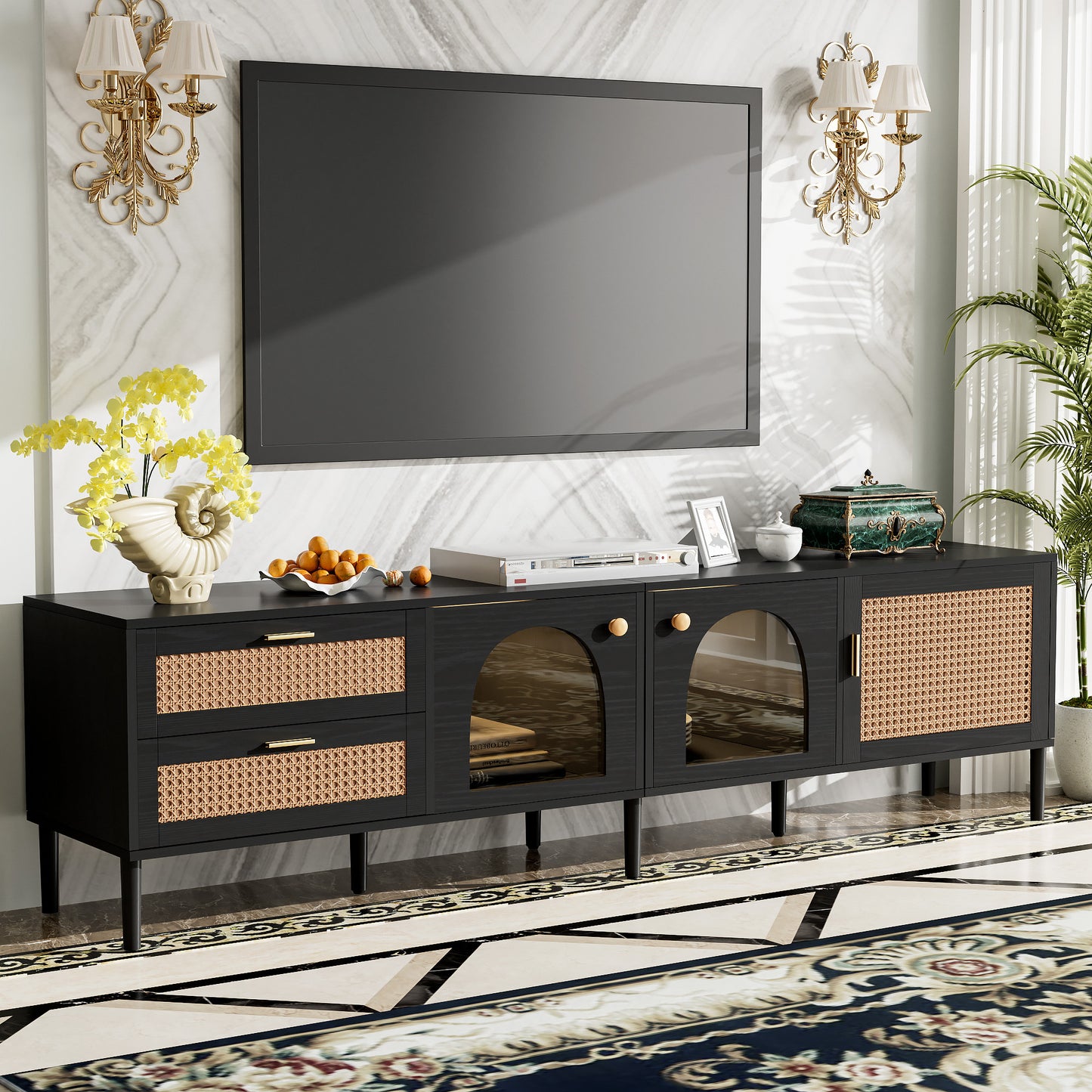 Rattan TV Stand with 3 Cabinets & 2 Drawers, Rattan-inspired Media Console Table for TVs up to 80'', LED Light Entertainment Center, TV cabinet for Living room, Bedroom, Home Theatre