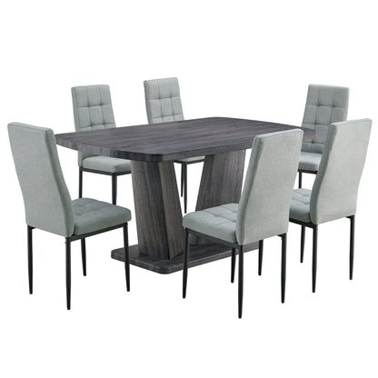 Dining Table Set for 6, 7 Piece Kitchen Table Chairs Set, 1.8" Thickness Tabletop and V-shaped Table Legs, Modern Dining Room Set with 63 inch Dinner Table and 6 Upholstered Chairs for Dining Room