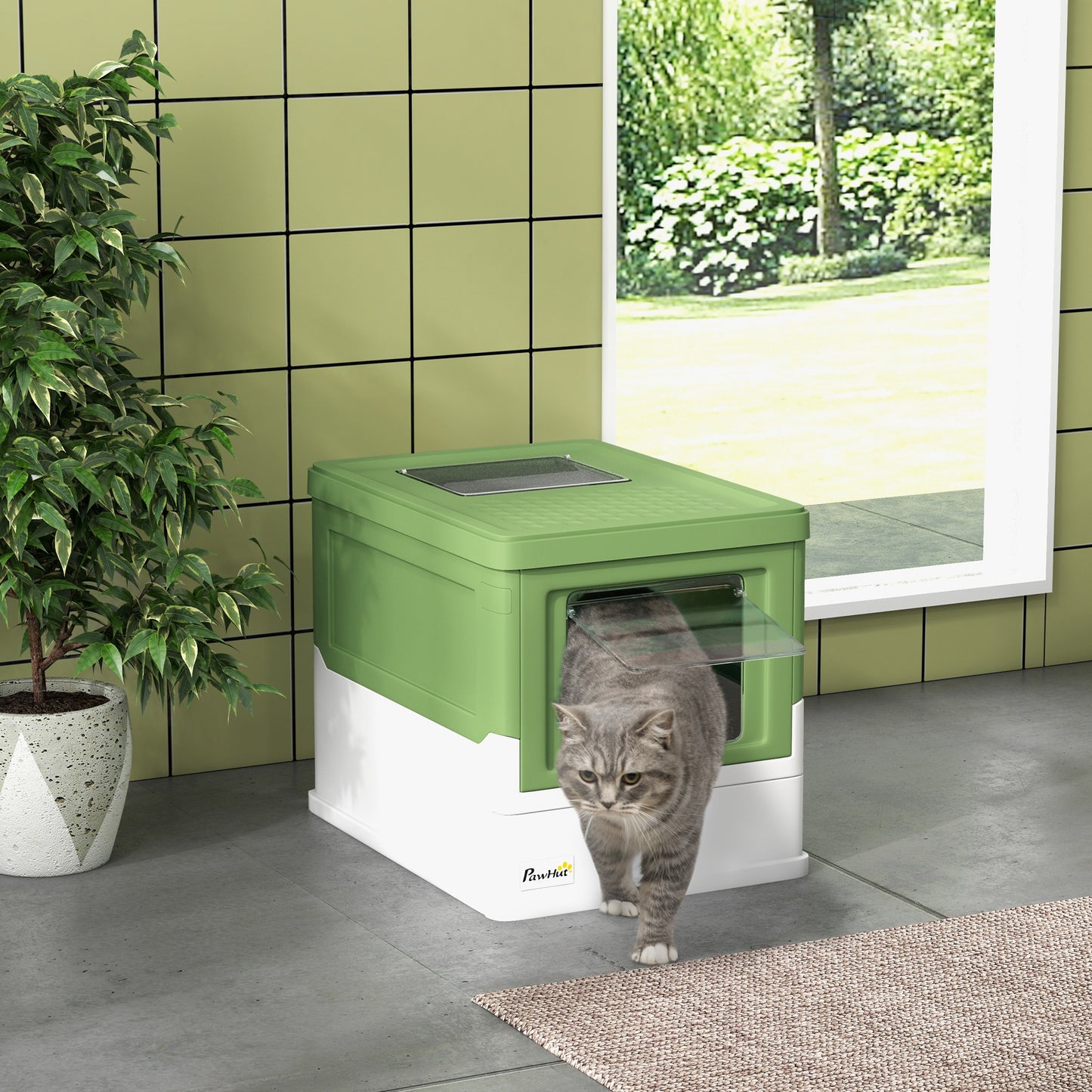 PawHut Fully Enclosed Cat Litter Box with Scoop, Hooded Cat Litter House with Drawer Type Tray, Foldable Smell Proof Cat Potty with Front Entry, Top Exit, Large Space, Yellowish Green