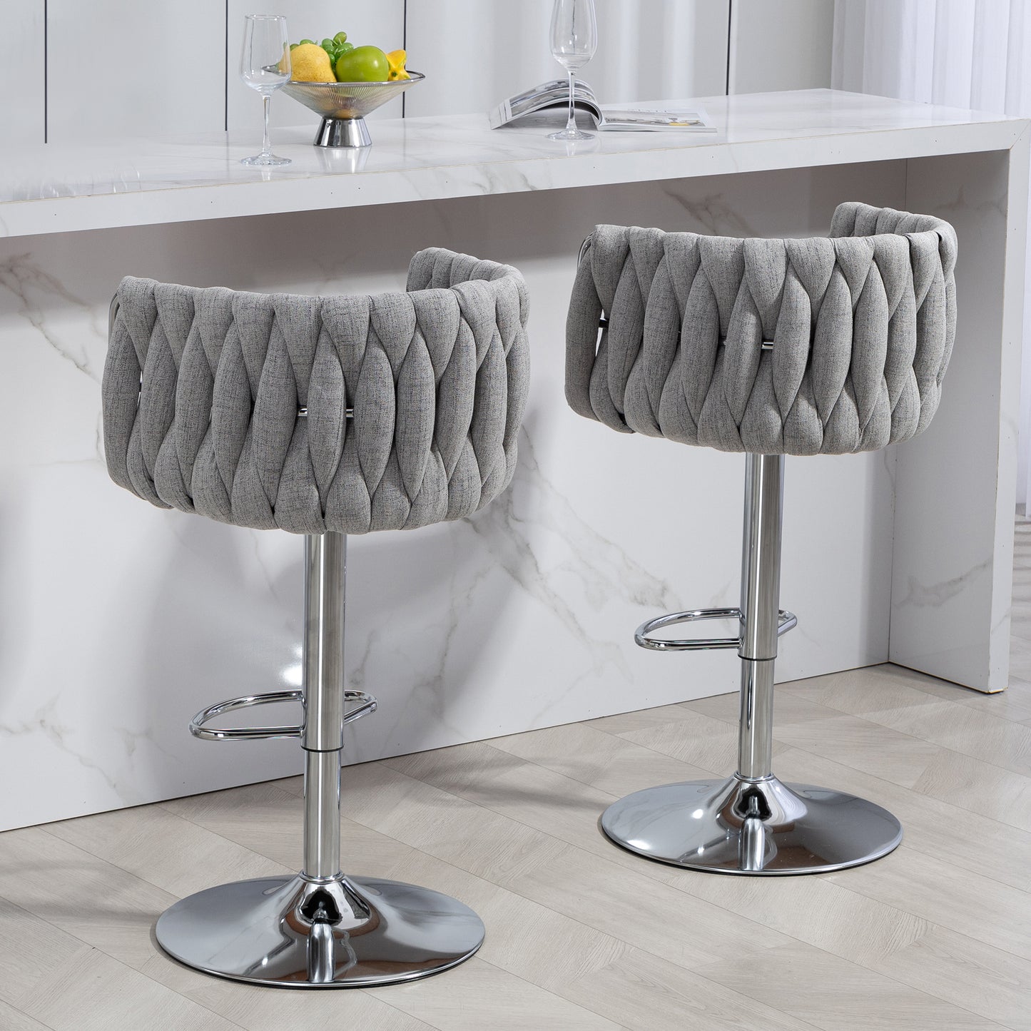 360° Fabric cover Swivel Bar Stools Set of 2, Adjustable Counter Height Bar Chairs with Woven Back & Footrest,Silver chromed  Bar Stools for Kitchen Island, Cafe, Pub (Gray)