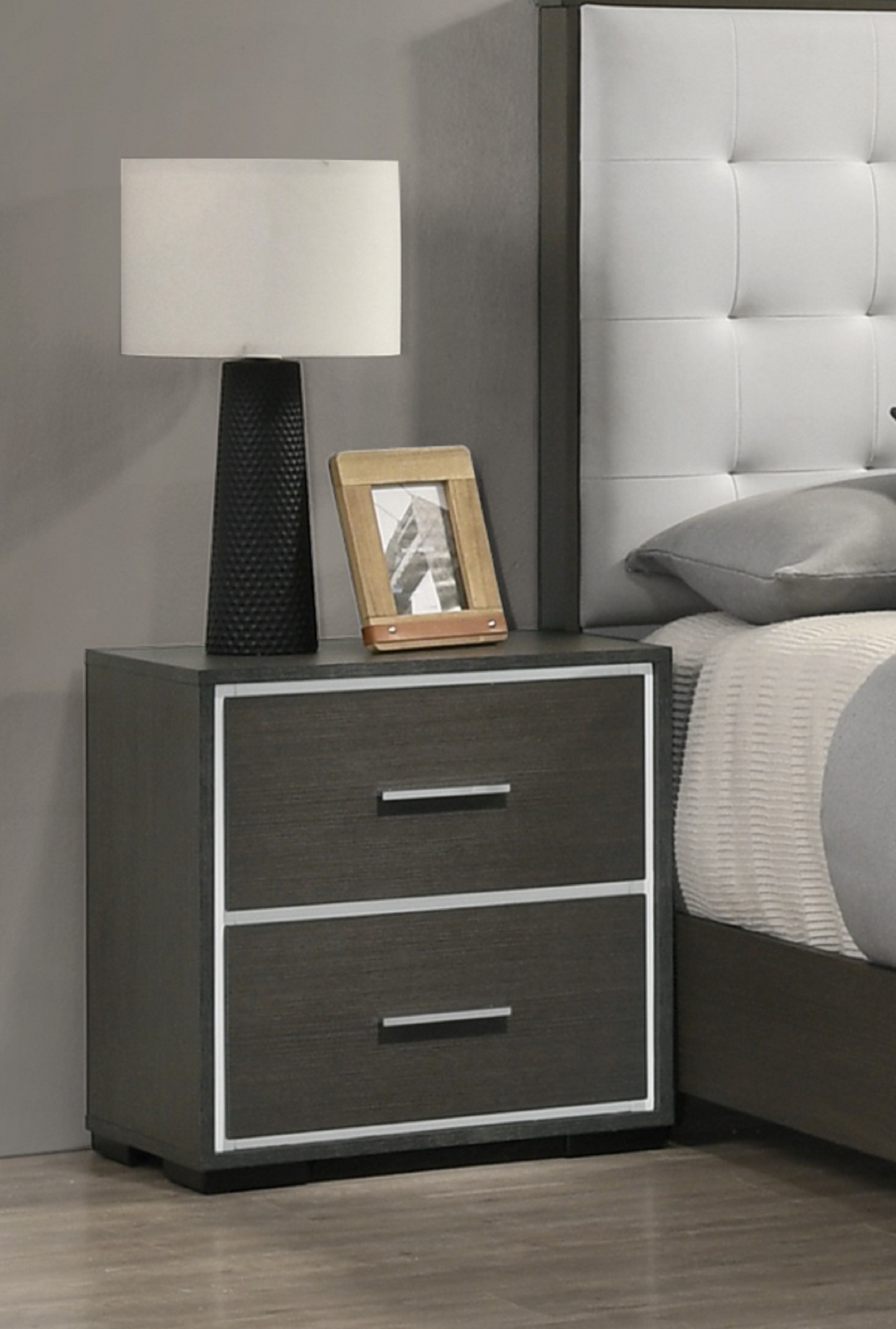 1pc Contemporary 2-Drawer Nightstand with Chrome Accents Gray Rustic Finish Bedroom Wooden Furniture