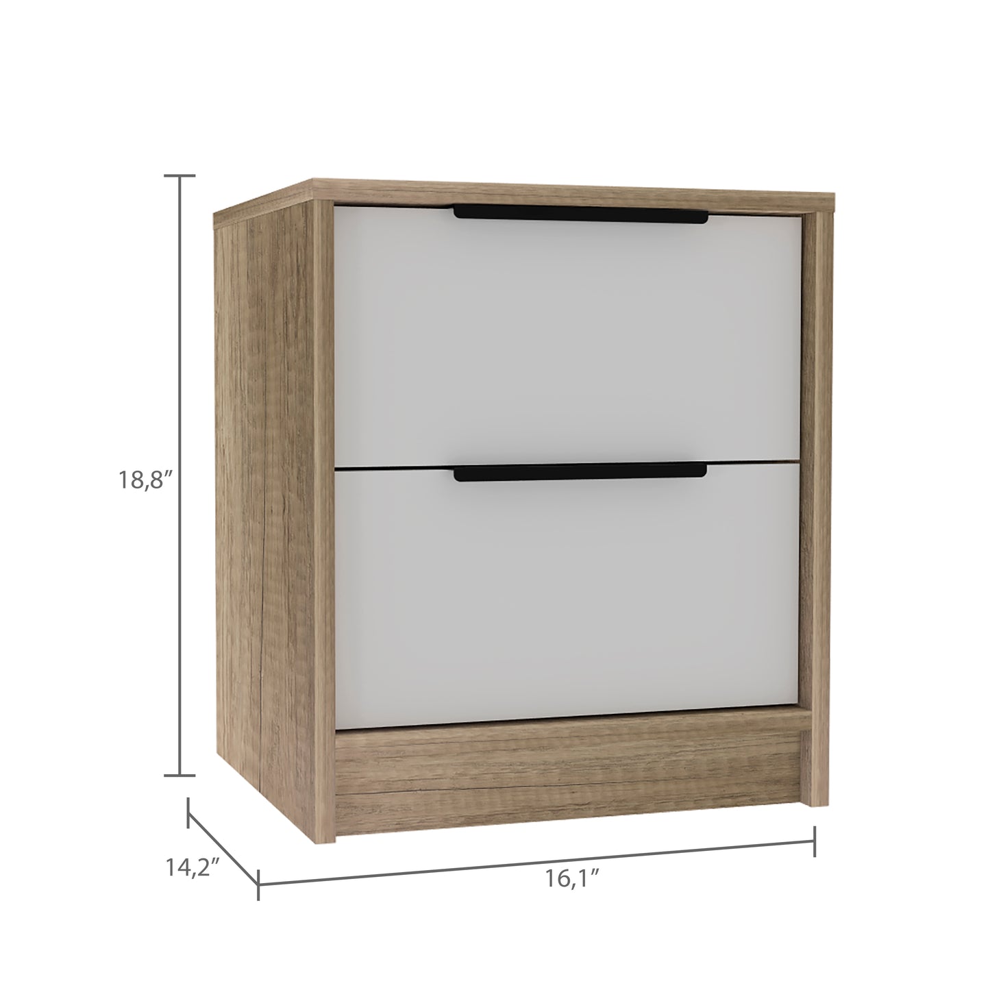 Kaia Nightstand , End Table, Side Table Two Drawers, Metal Handle -White / Pine