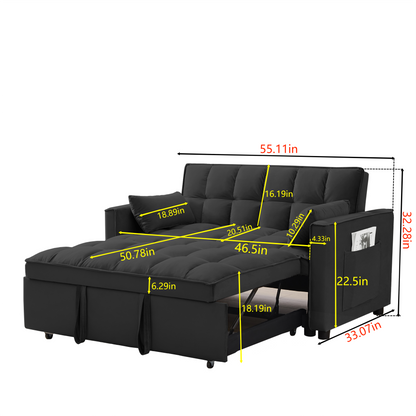 Modern Velvet Loveseat Futon Sofa Couch w/Pullout Bed,Small Love Seat Lounge Sofa w/Reclining Backrest,Toss Pillows, Pockets,Furniture for Living Room,3 in 1 Convertible Sleeper Sofa Bed, Black