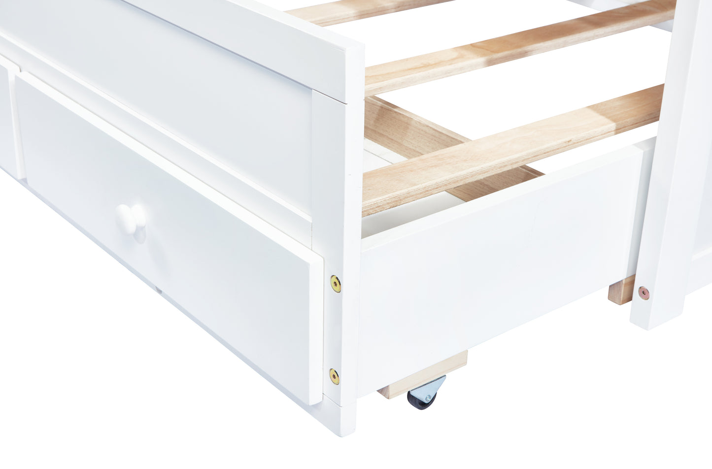 Twin Size Bed with Headboard, Footboard, Trundle and Three Storage Drawers, Twin Size Pine Wood Bed with Headboard, Footboard,White