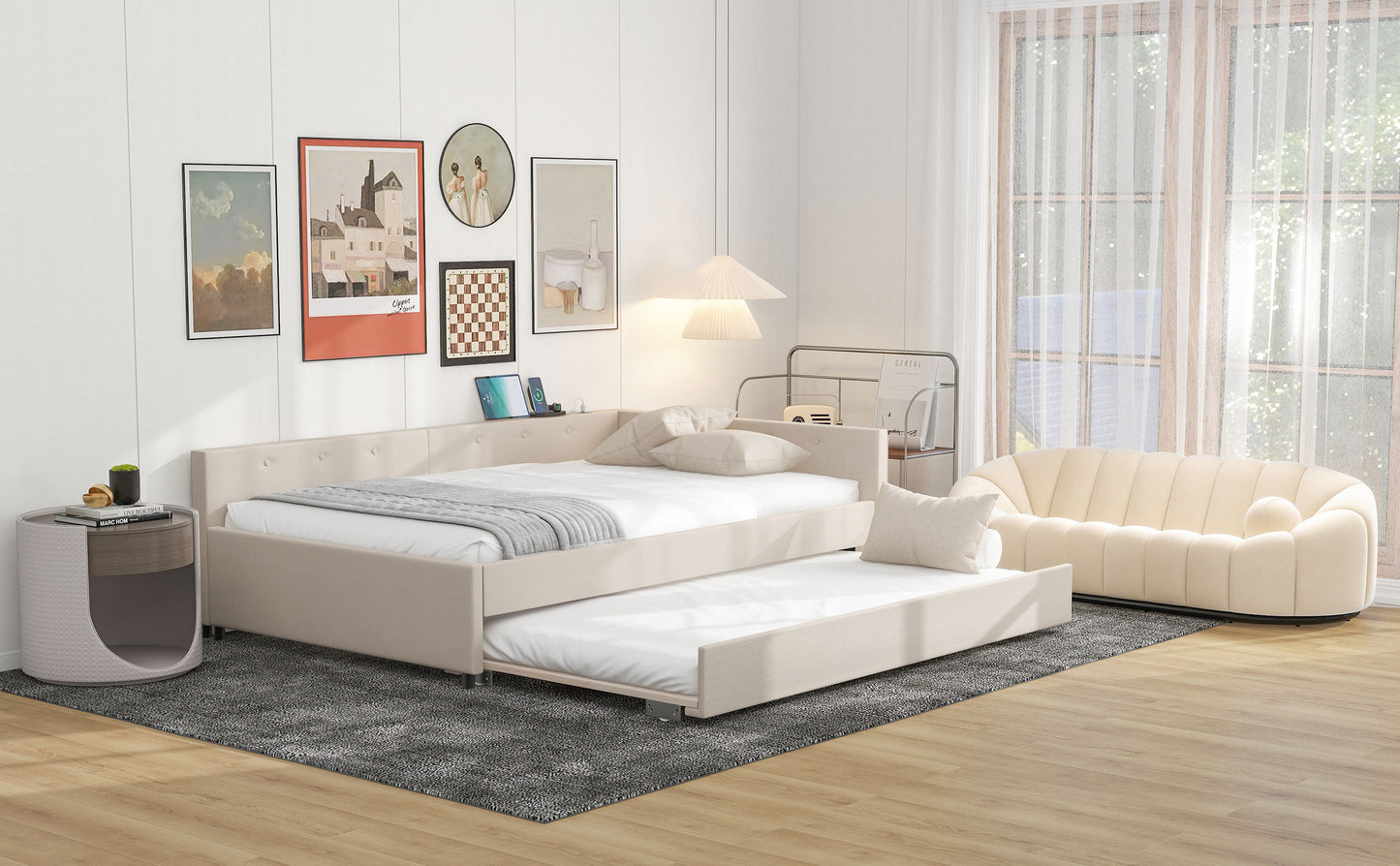 Full Size Upholstered Platform Bed with USB and Twin Size Trundle, Beige
