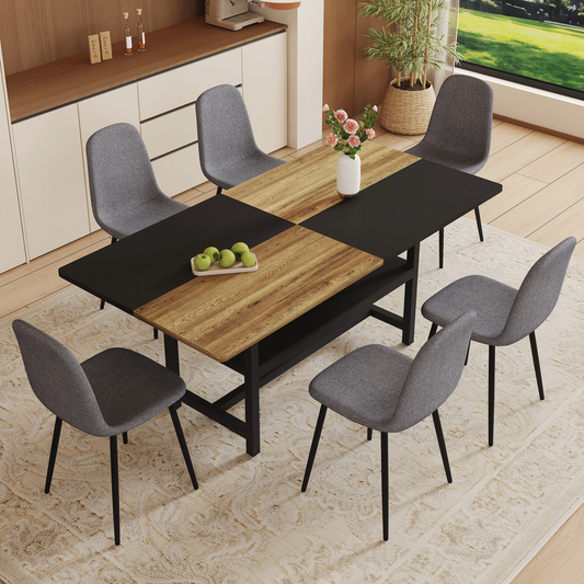 Table and chair set.71*35.4 inch Wooden And Black Spliced Dining Table With Storage Function In The Middle Of The Table Legs.Paired With 6 Chairs Made Of Dark Gray Lnen Fabric.Iron pipe spraying Legs.