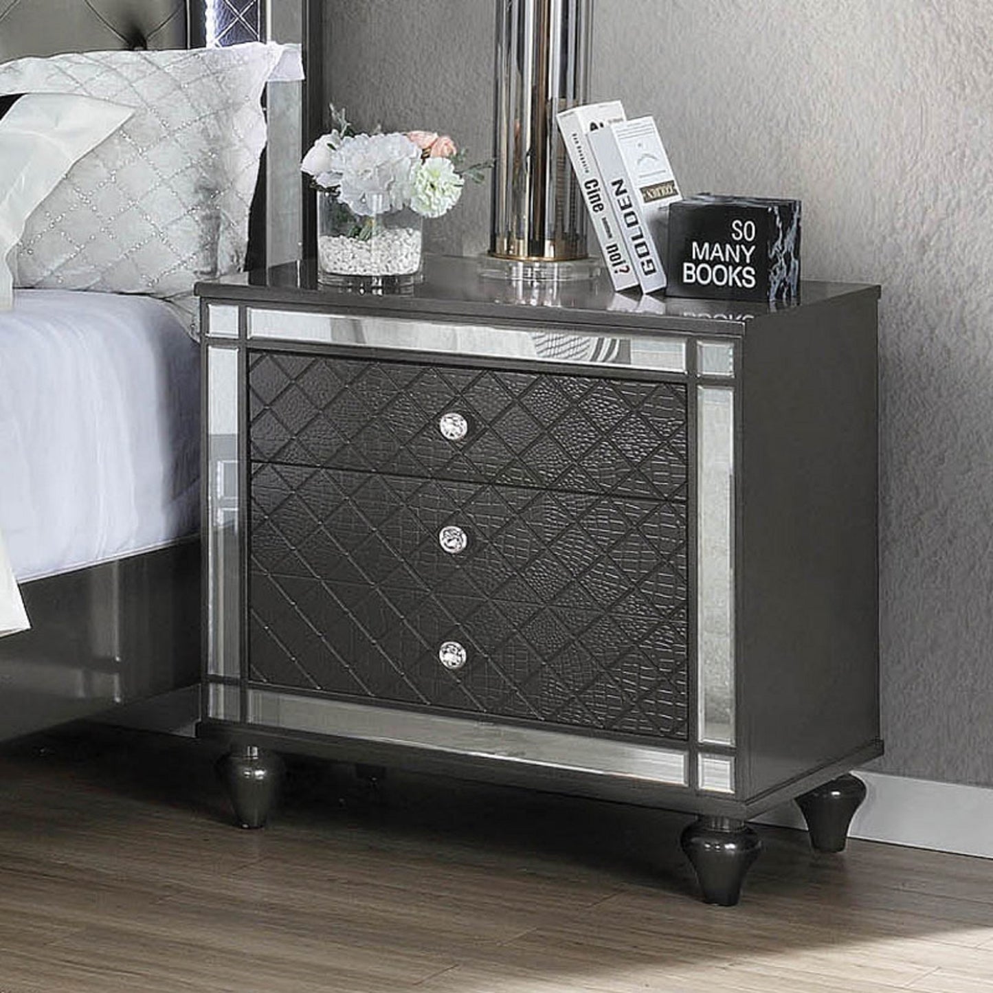 1Pc Glam Contemporary Style 3-Drawer Nightstand End Table with Mirror Plating Tapered Legs Gray Finish Bedroom Solid Wood Wooden Furniture