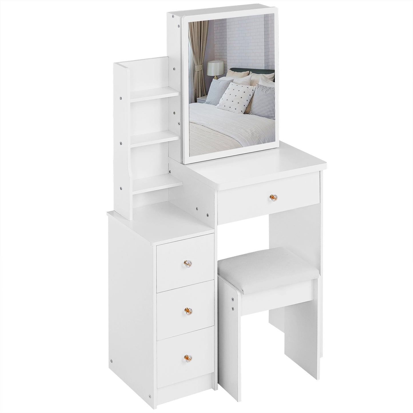 Small Size Left Bedside Cabinet Vanity Table + Cushioned Stool, Extra Large Sliding Mirror, Multi Layer, High Capacity Storage Fashionable Dresser, Suitable for Small Space, EPA,GCC,UL Certificate