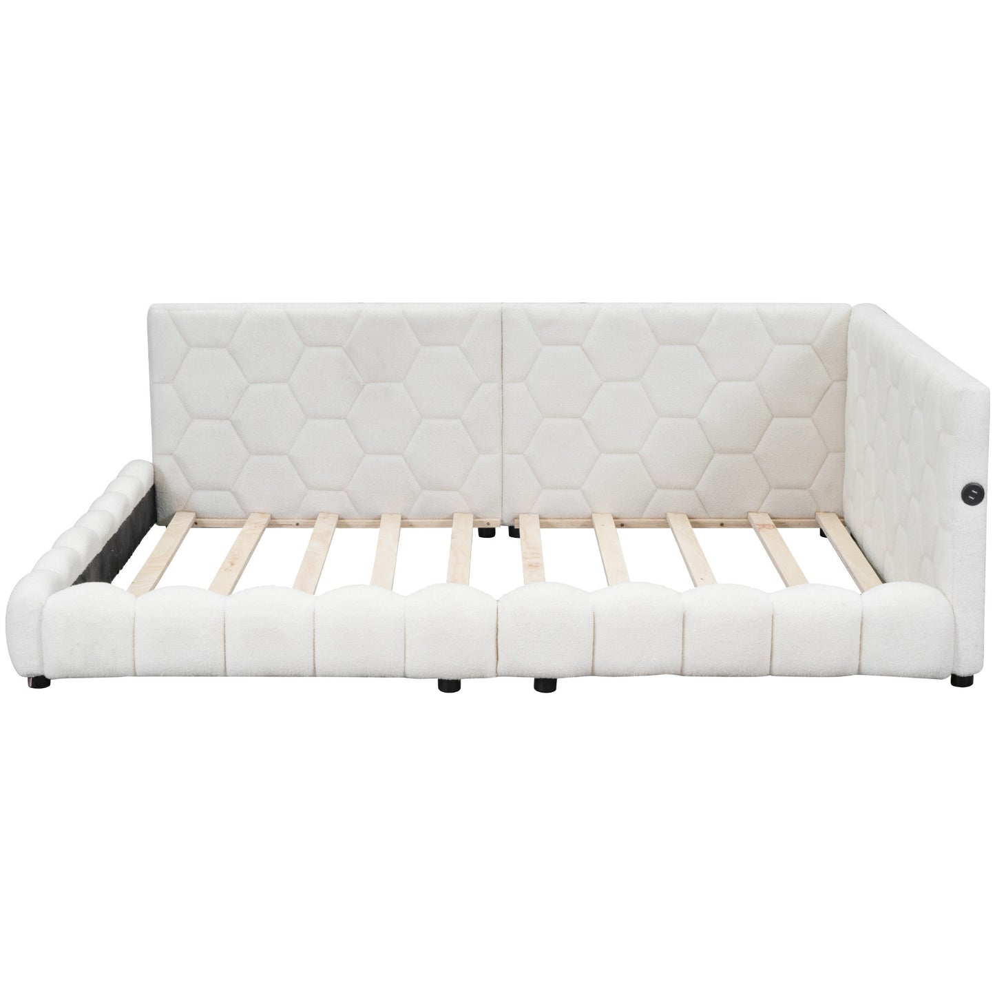 Upholstered Full Size platform bed with USB Ports and LED belt, White