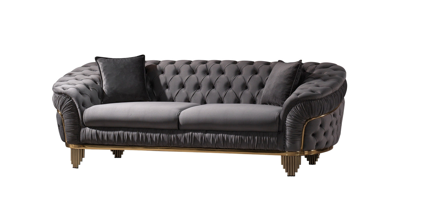 Vanessa Sofa in Grey and Gold with Fabric button-tufted velvet upholstery Finish