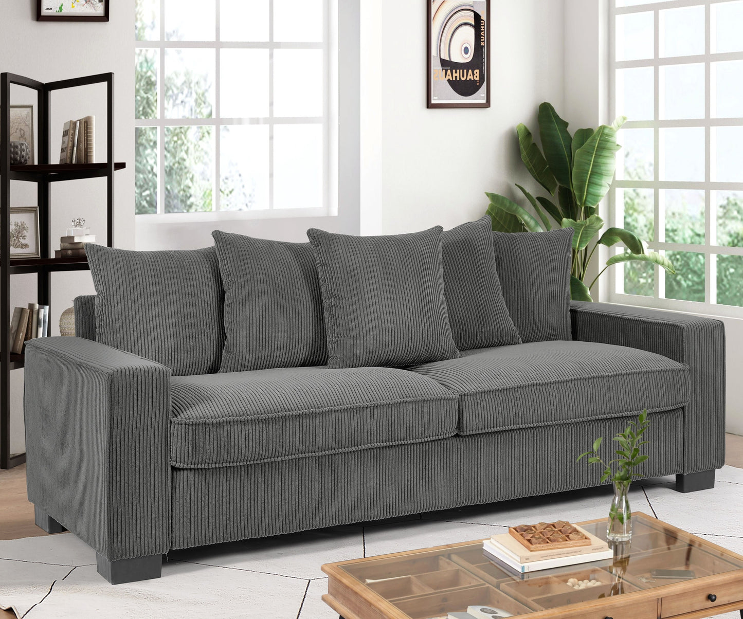 Luxe Corduroy Sofa with 5 Matching Toss Pillows, Sleek Design, Spacious and Comfortable 3 Seater Couch for Modern Living Room, Large, Grey