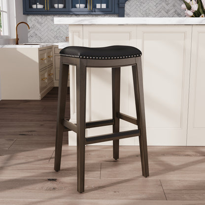 30" Bar Height Saddle Stool, Weathered Gray Finish, Black Leather Seat