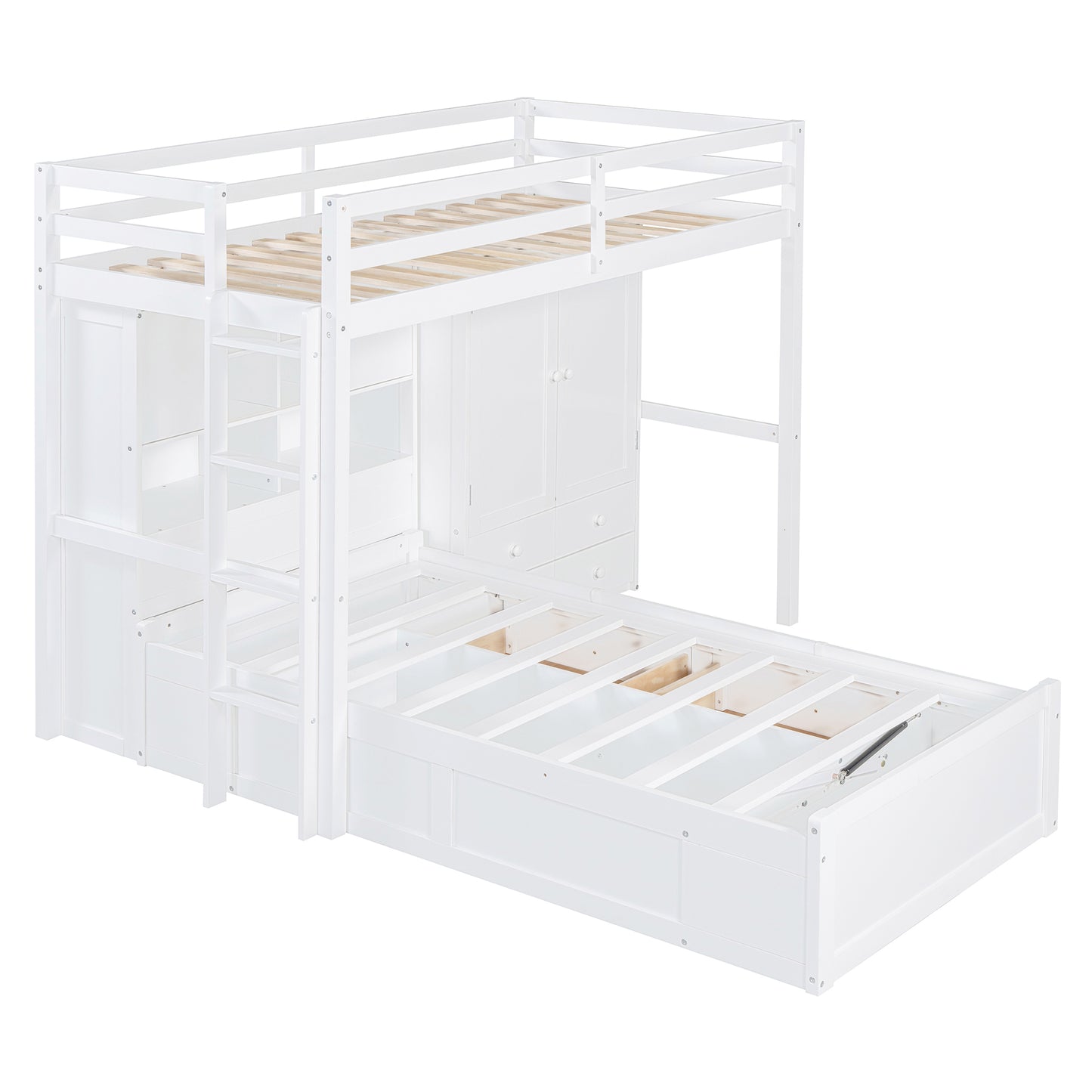 Twin Bunk Bed with Drawers, Wardrobe, Storage Shelves and Hydraulic Bed,White