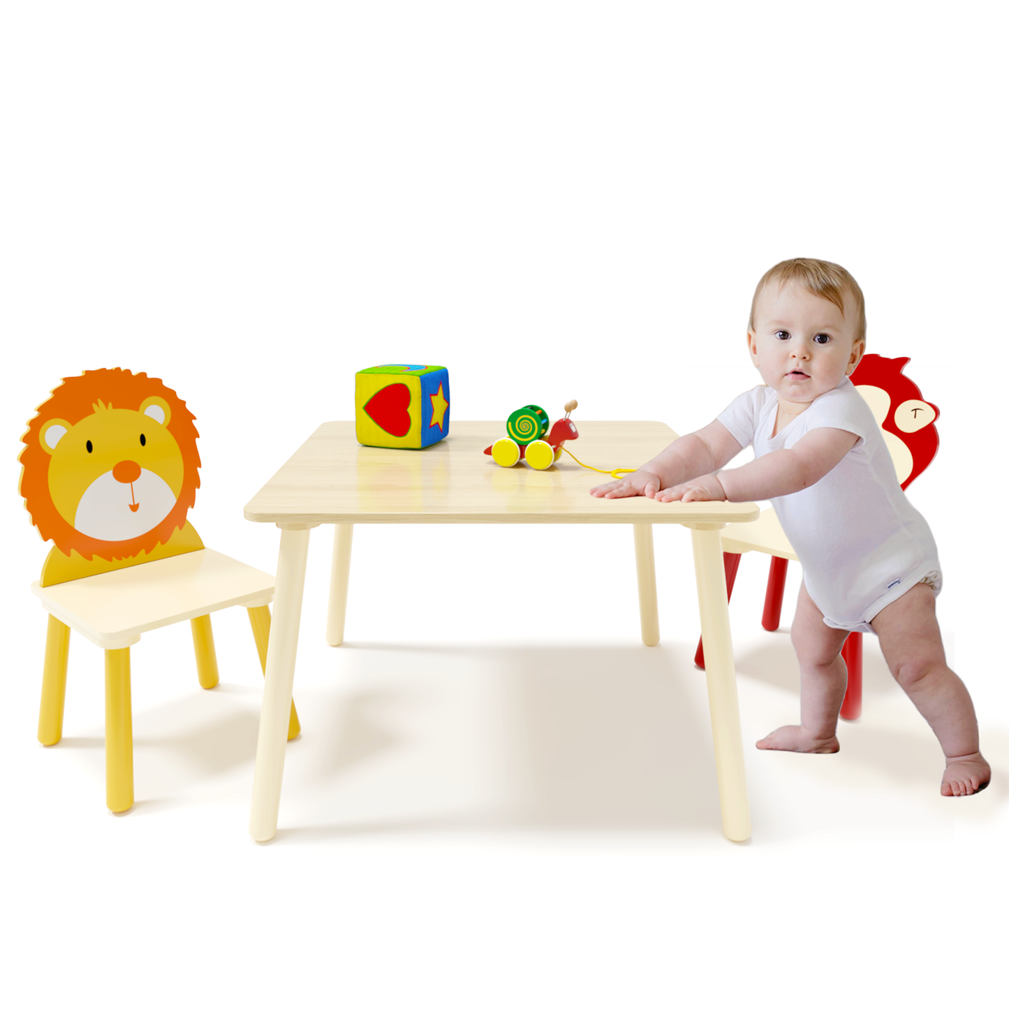 Kids Table and 2 Chairs Set, 3 Pieces Toddler Table and Chair Set, Wooden Activity Play Table Set (Lion&Monkey)