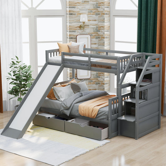 Gray Twin over Full Bunk Bed with Drawers, Storage, Slide, Pine Wood and MDF, 57.6'' x 96.8''