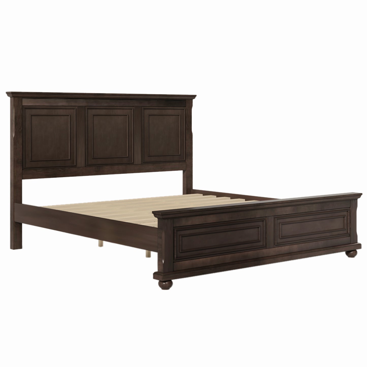 Traditional Town and Country Style Pinewood Vintage Queen Bed, Rich Brown