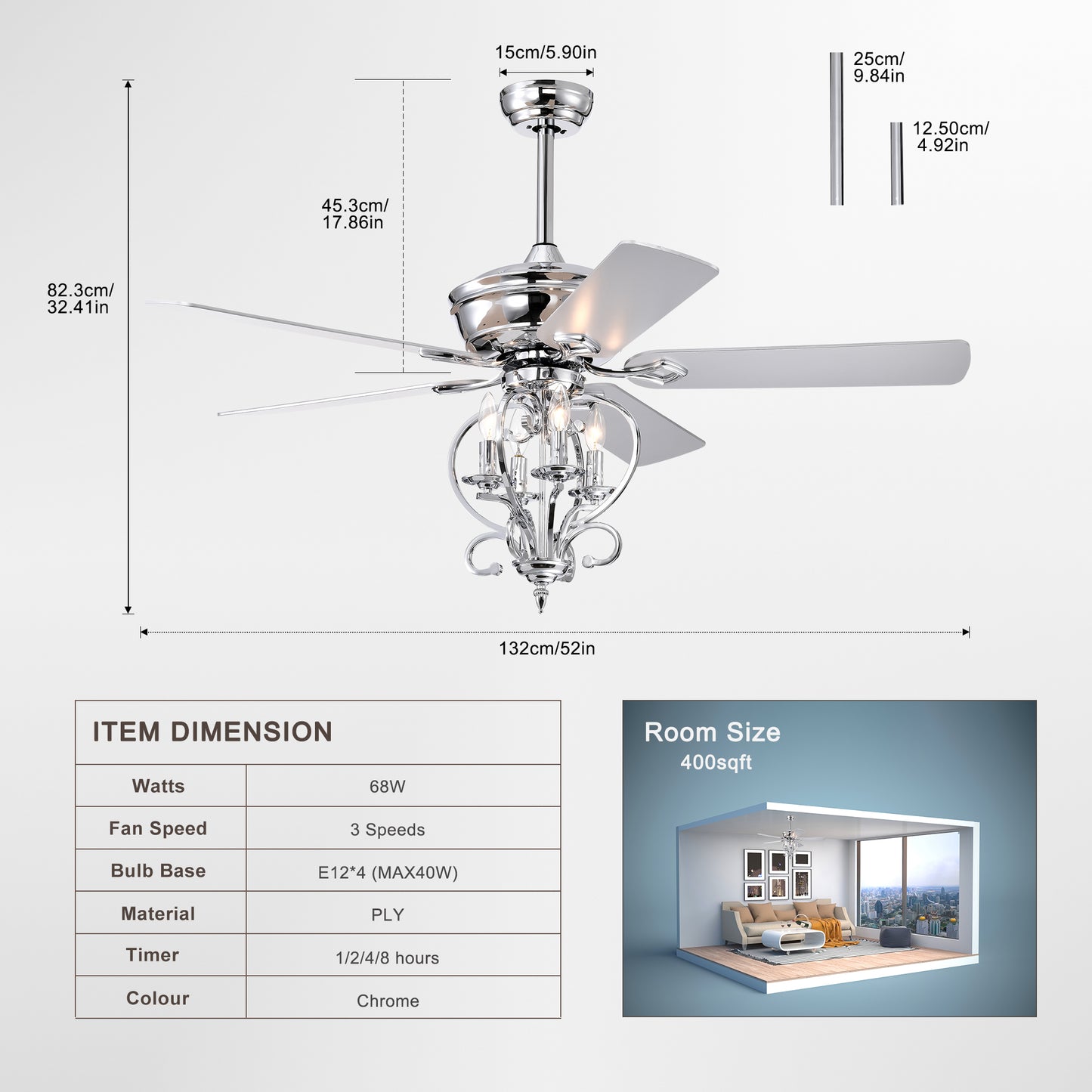 52 inch 4 Lights Ceiling Fan with 5 Wood Blades, Two-color fan blade, AC Motor, Remote Control, Reversible Airflow, 3-Speed, Adjustable Height, Traditional Ceiling Fan for home decorate (Silver)