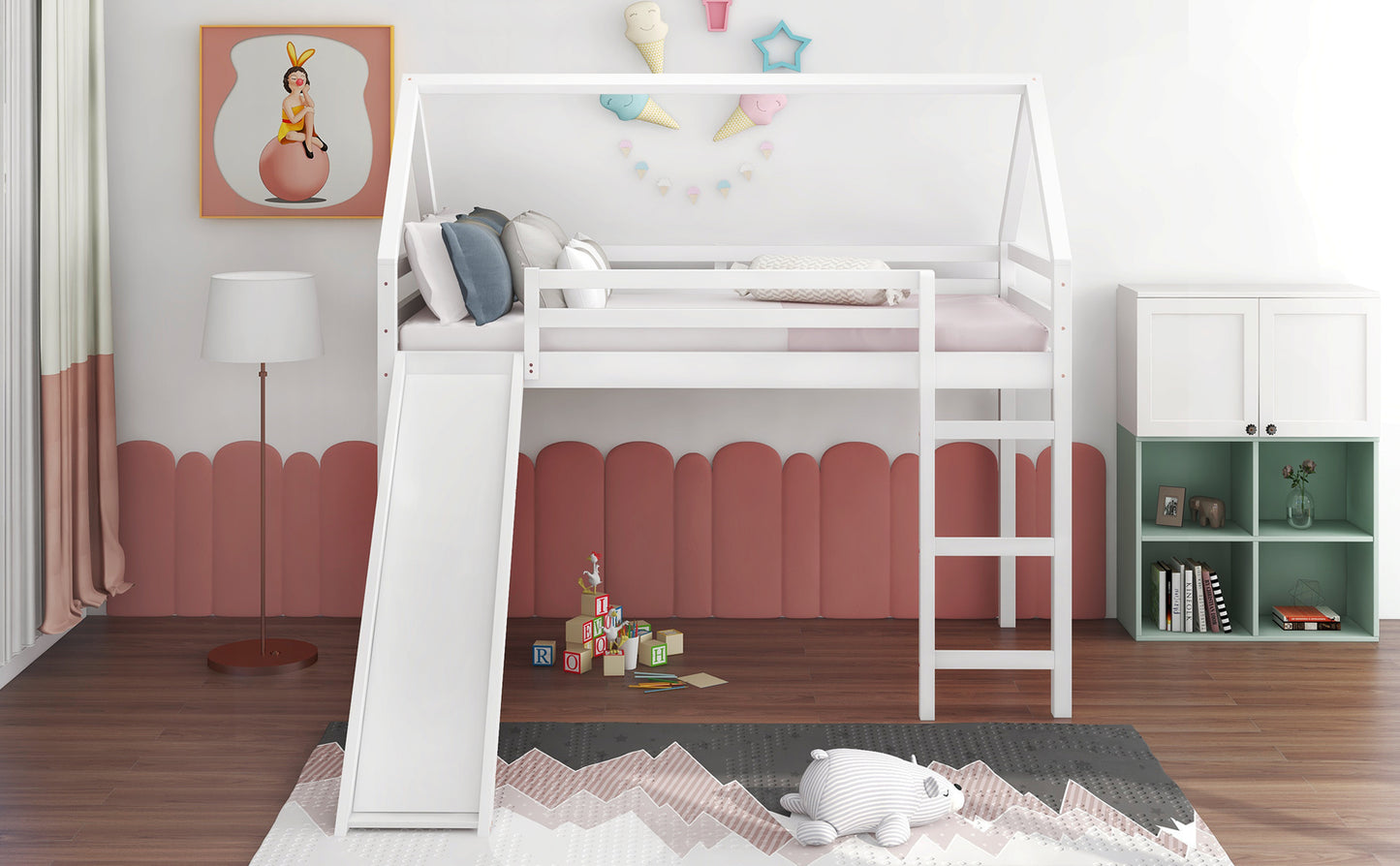 Twin Size Loft Bed with Slide, House Bed with Slide,White(OLD SKU :WF281158AAK)