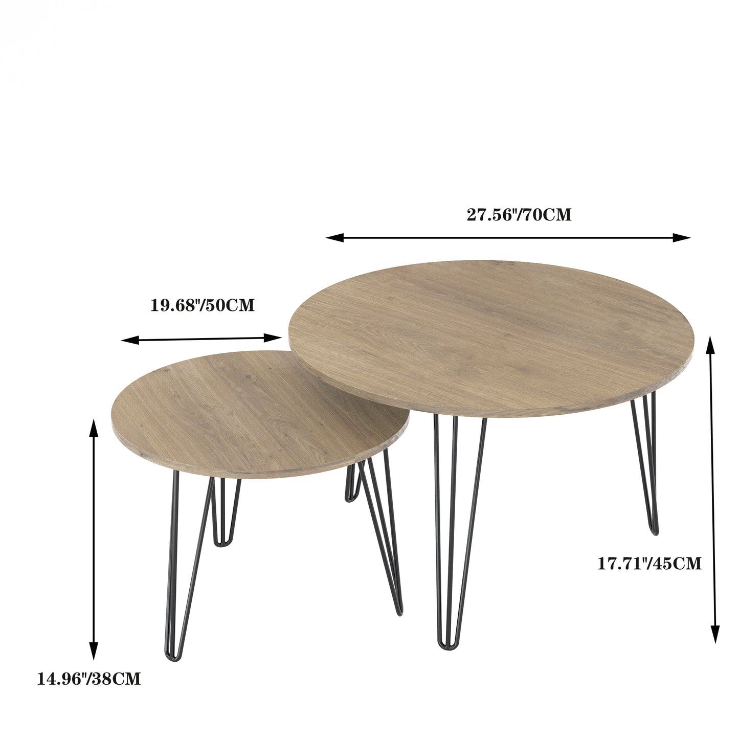 27.56'' Round Nesting Coffee Table Set of 2, Circular Nesting End Table Set, Round Wooden Tabletop, and Sturdy Metal Base for Living Room, bedroom, Brown