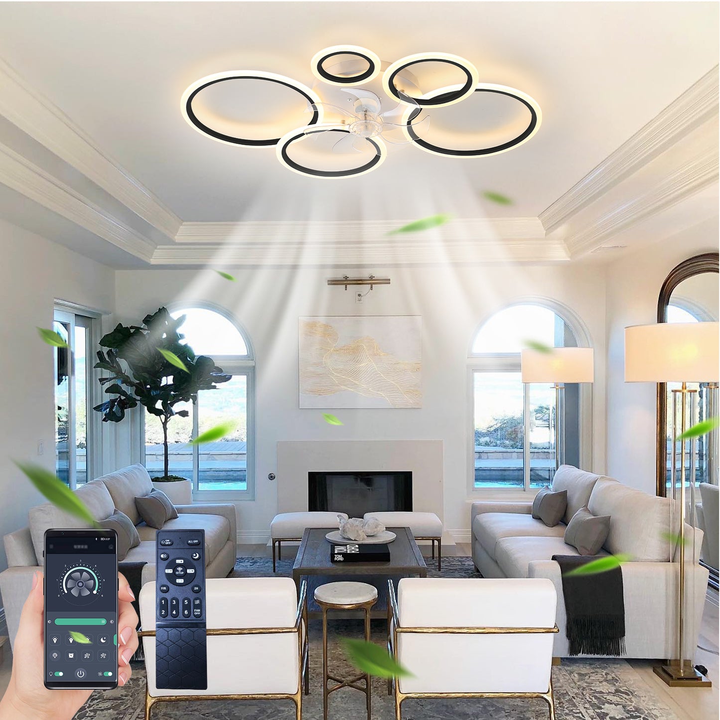 Black Ceiling Fan with Lights Remote Control and APP Control, Dimmable with Remote 7 Blades 6 Speeds of Wind