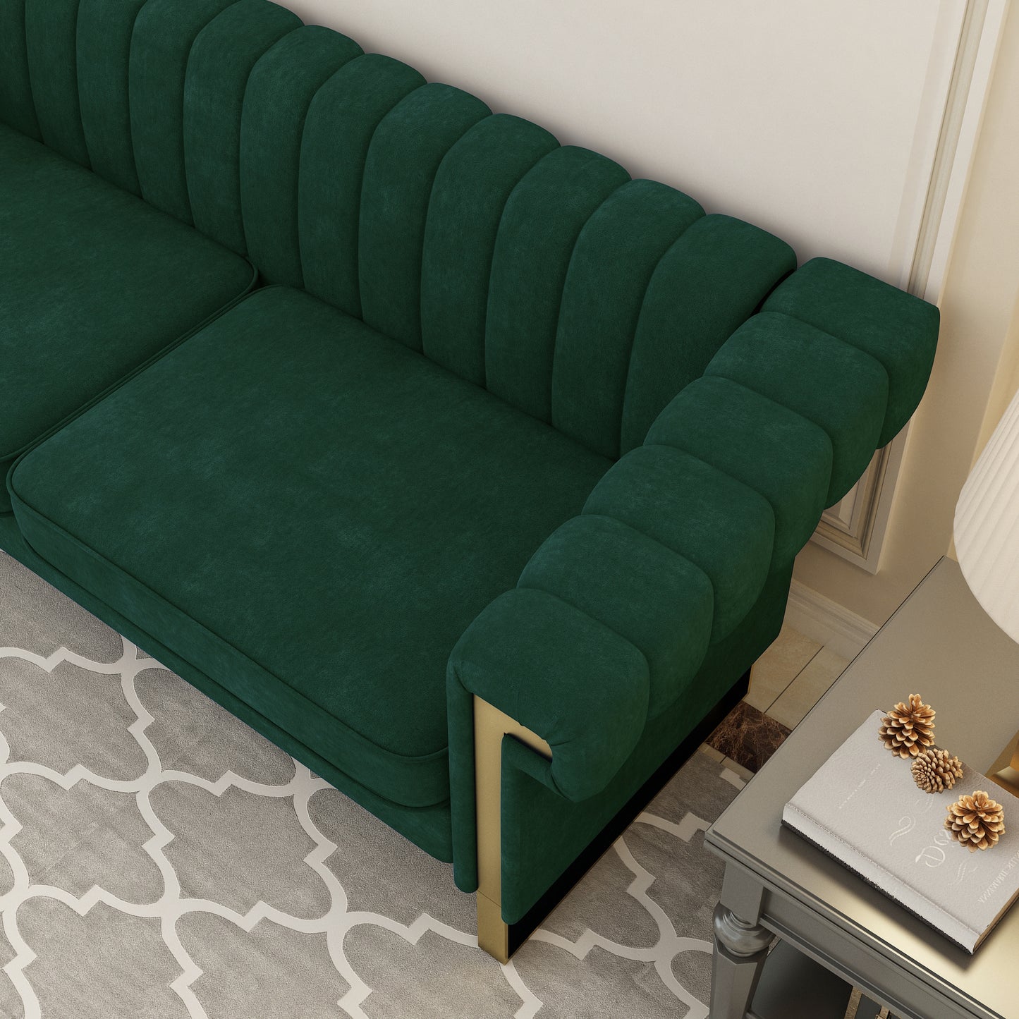 FX-P81-RG2  RETRO GREEN SOFA Modern Cream Velvet Sofa with Gold Accents - Sleek Channel-Tufted Upholstery, 3-Seat Couch for Living Room and Office Decor