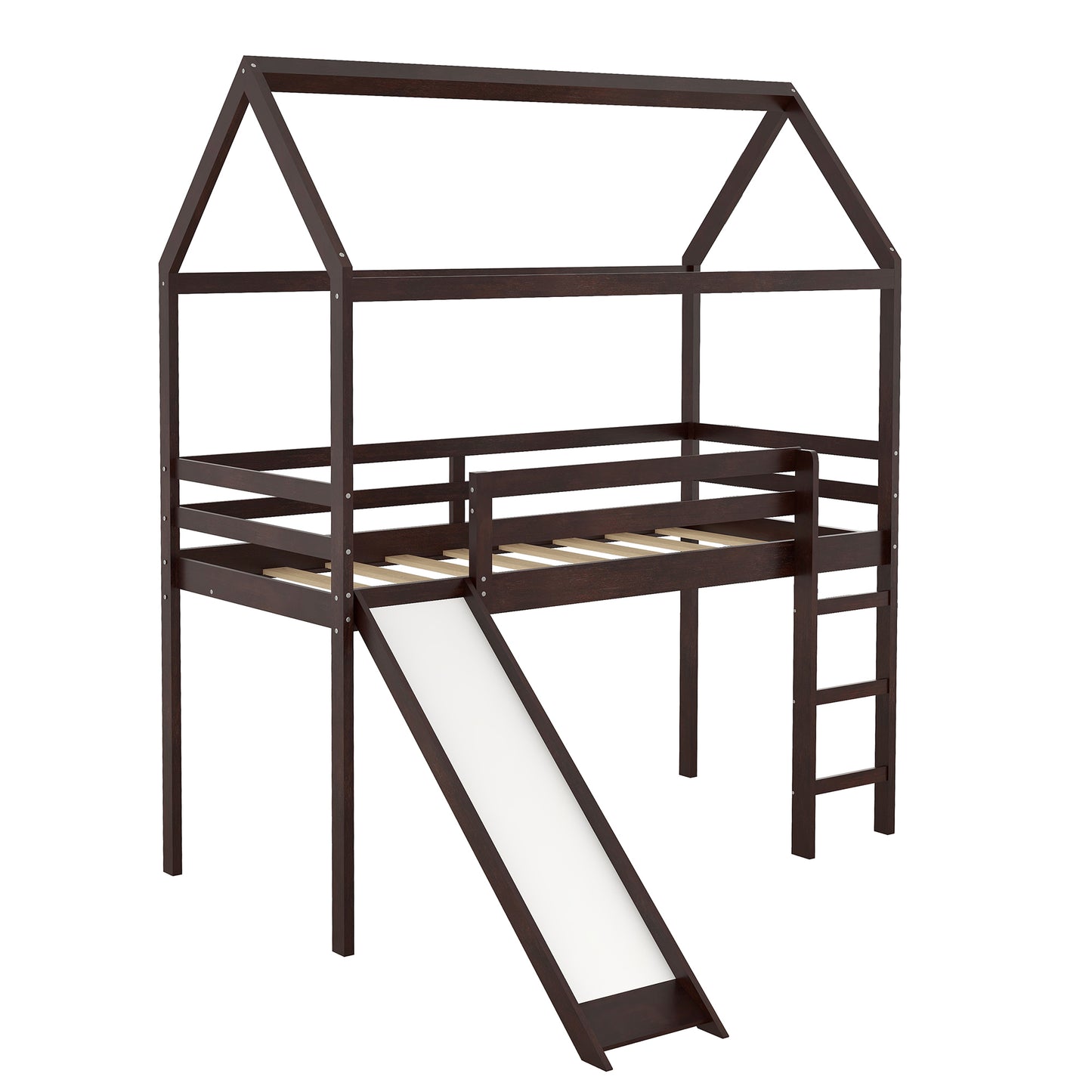 Twin Loft Bed with Slide, House Bed with Slide,Espresso(OLD SKU :WF286245AAP)