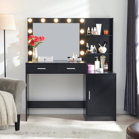 Vanity Desk with Mirror and Lights, 46.4IN Dressing Table with 2 Large Drawer&Large Vertical Organizer, 3 Level Dresser & 3 Lighting Modes Adjustable Brightness, Suitable for Bedroom(Black)