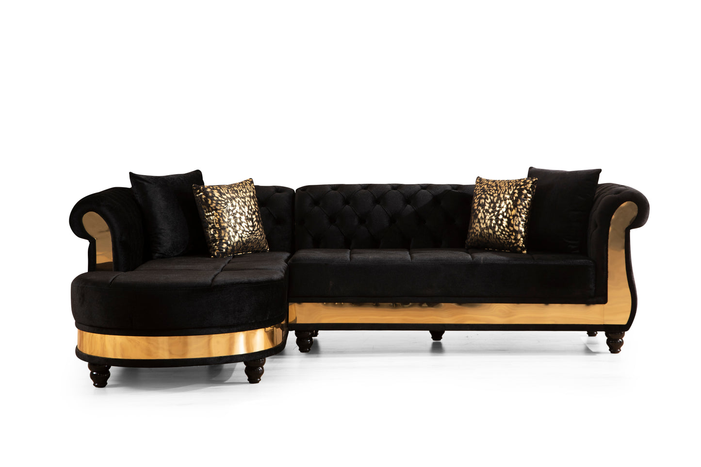 Gold Detailed Tufted Upholstery Sectional made with Wood In Black