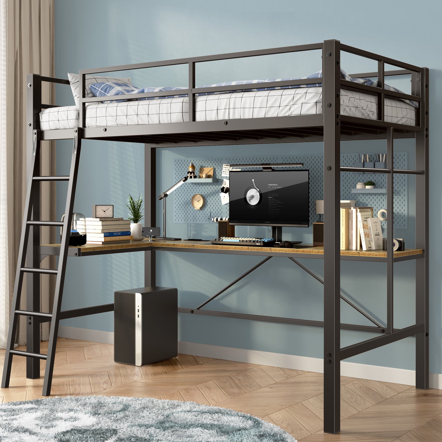 Twin Metal Loft Bed with L-Shaped Desk, Charging Station Loft Bed Frame Twin Size, Safety Guard & Ladder, No Box Spring Needed, Black