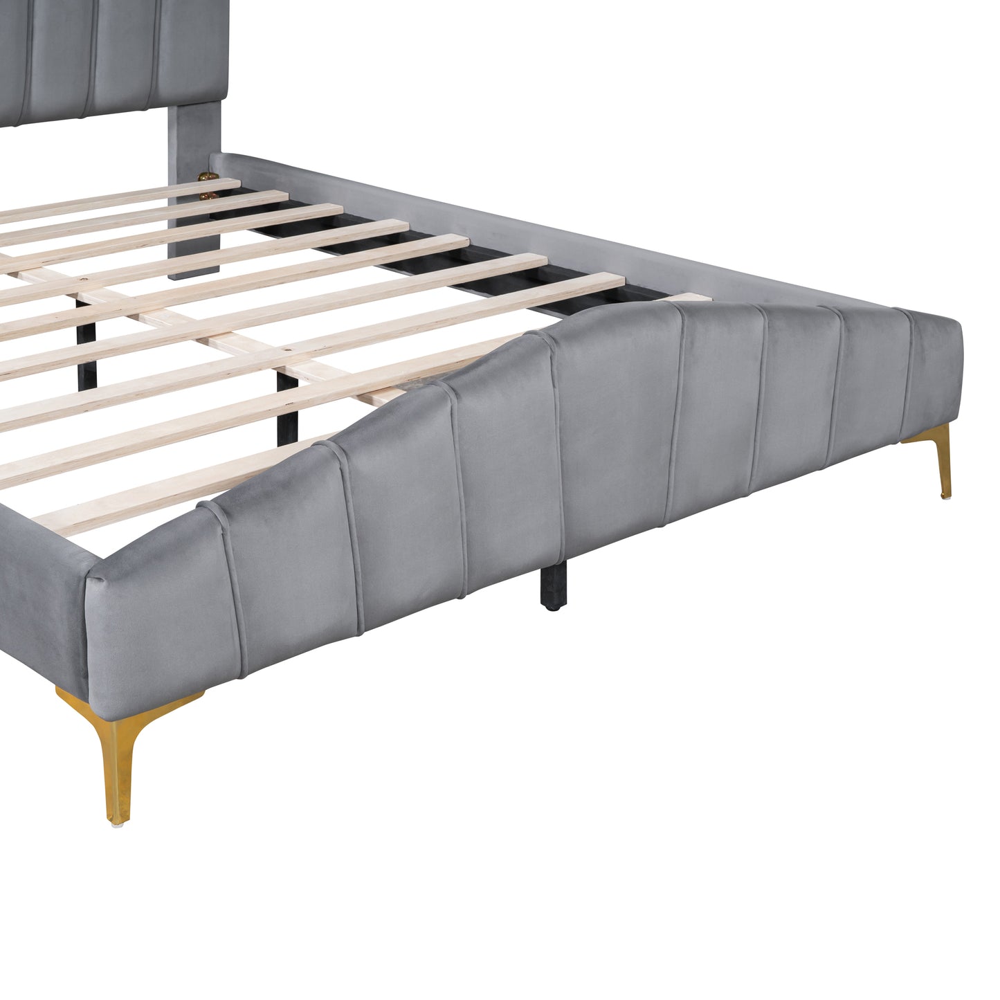 Queen Size Velvet Platform Bed with Thick Fabric, Stylish Stripe Decorated Bedboard and Elegant Metal Bed Leg, Gray