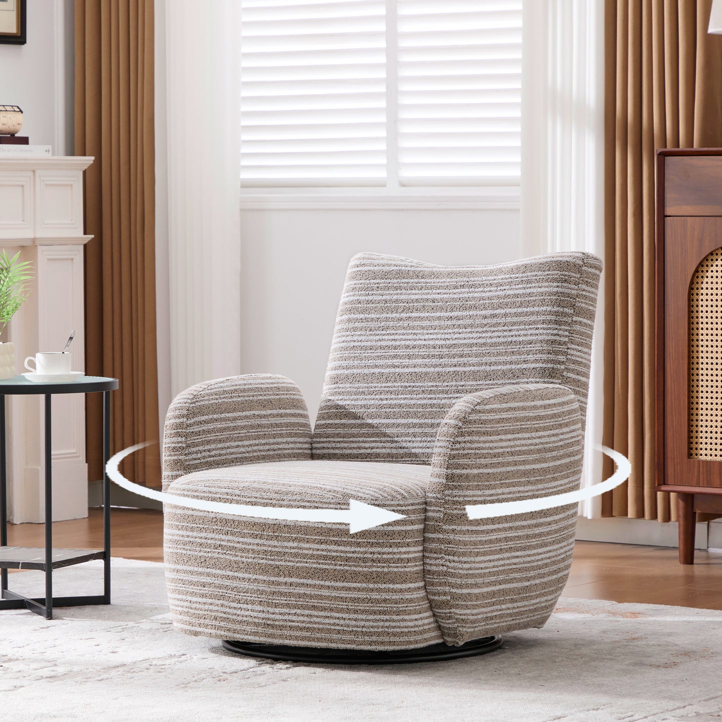 Modern Style 360° Swivel Leisure Chair Fabric Striped Armrest Swivel Chair with sand-rimmed fabric and metal bracket, suitable for living room, balcony and bedroom