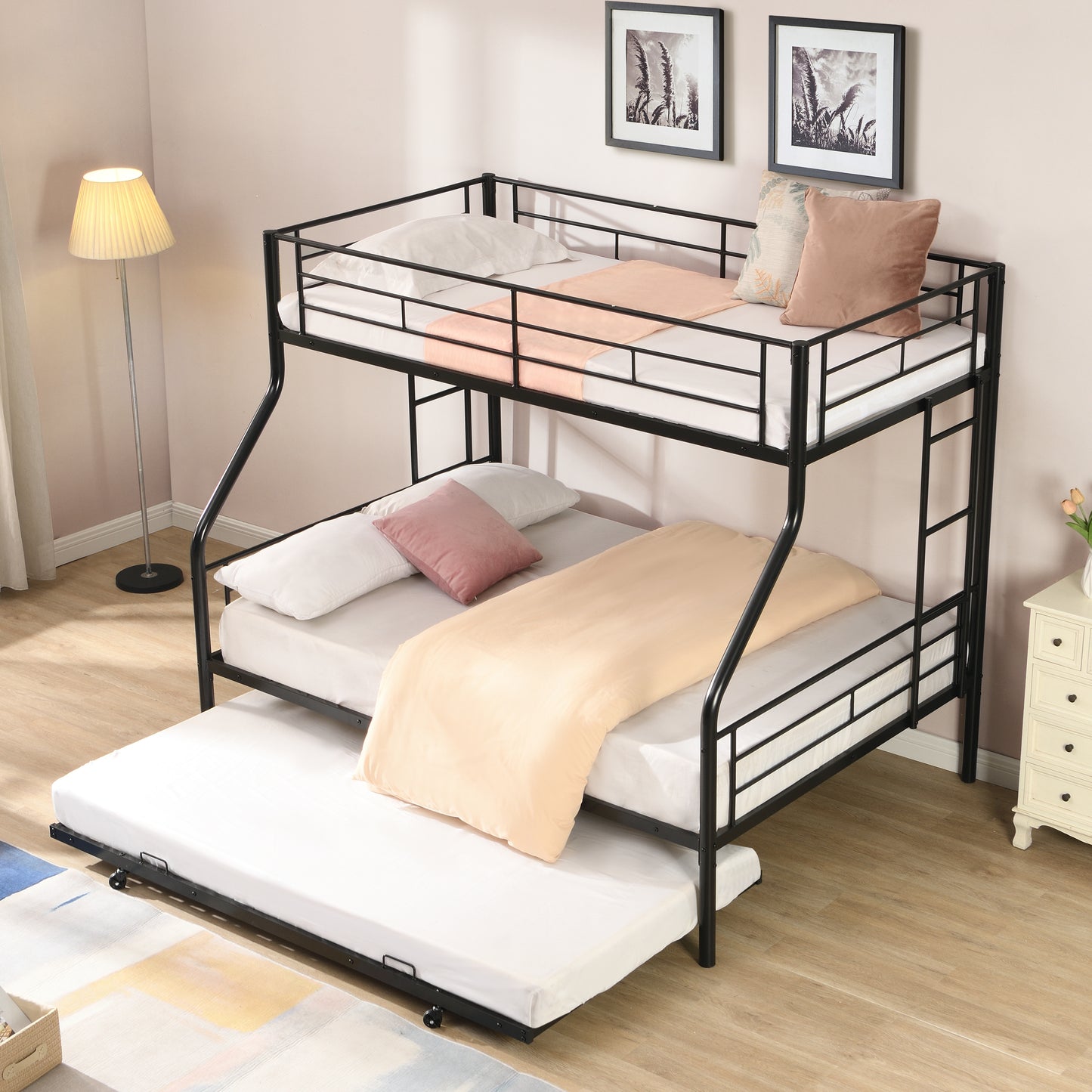 Twin Over Full with trundle Metal Bunk Bed , No Box Spring Needed, Easy Assemble