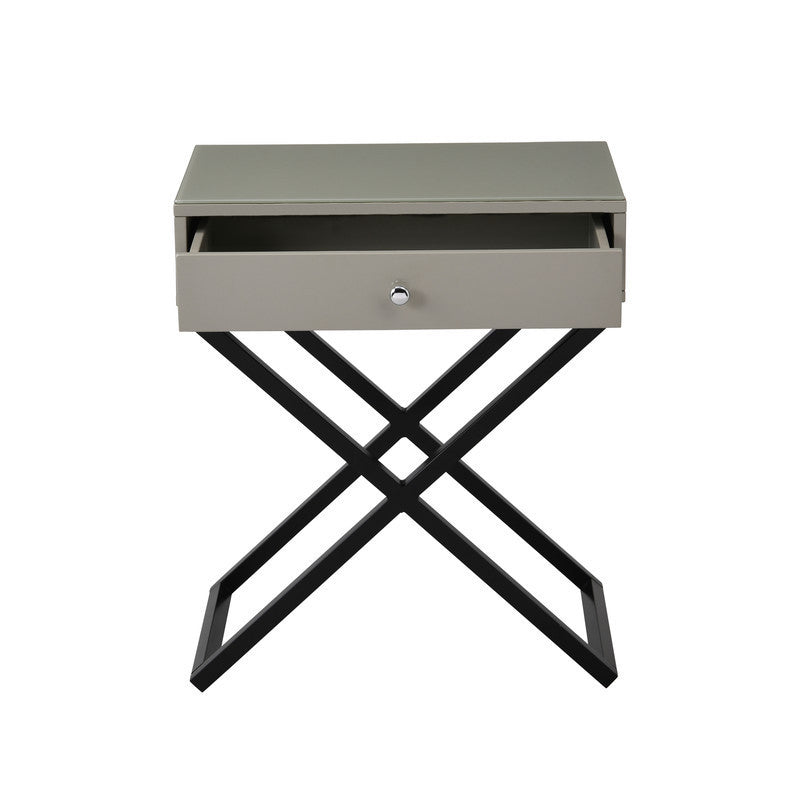 Koda 23" Taupe Wooden End Side Table Nightstand with Glass Top, Drawer and Metal Cross Base