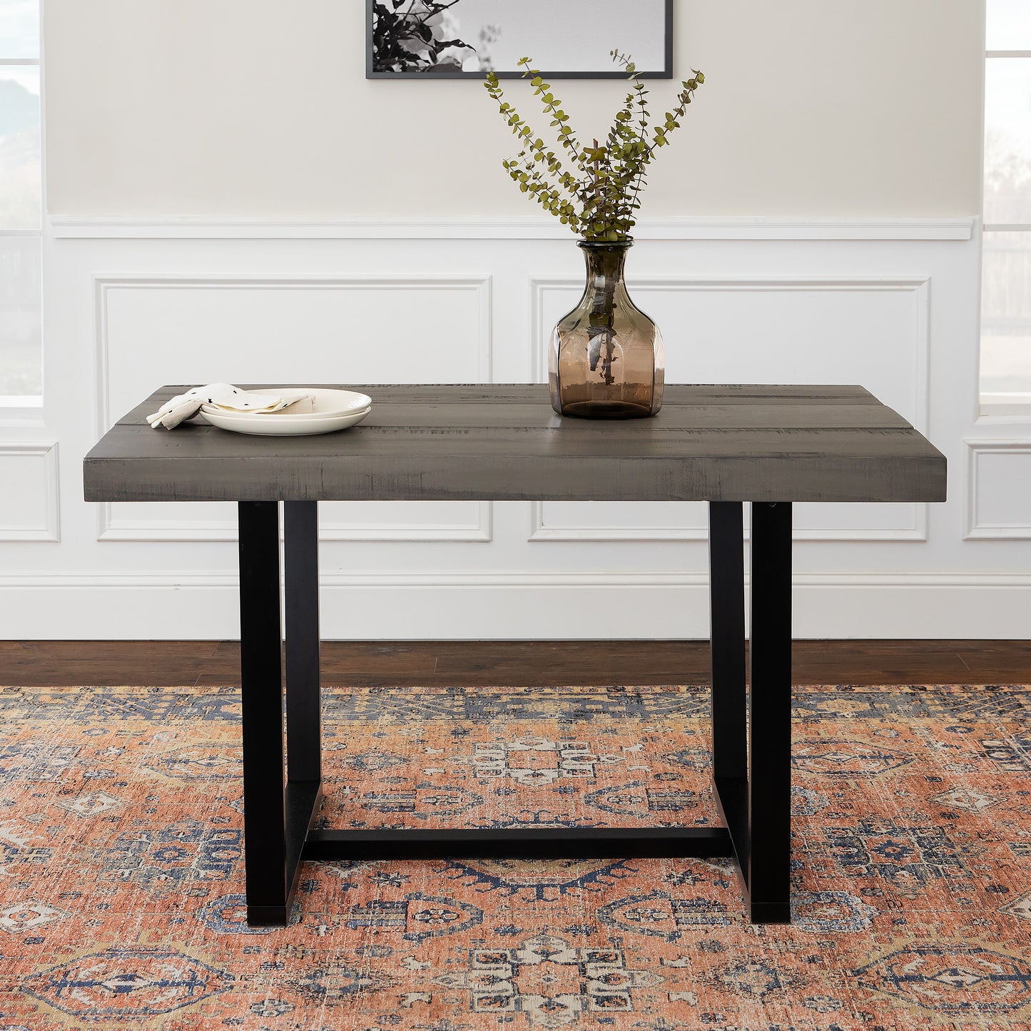 Rustic Metal and Solid Distressed Dining Table - Grey